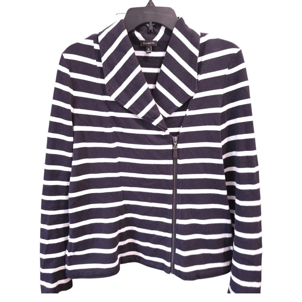 Talbots Navy and White Striped Off Center Zip Jacket - Picture 2 of 9